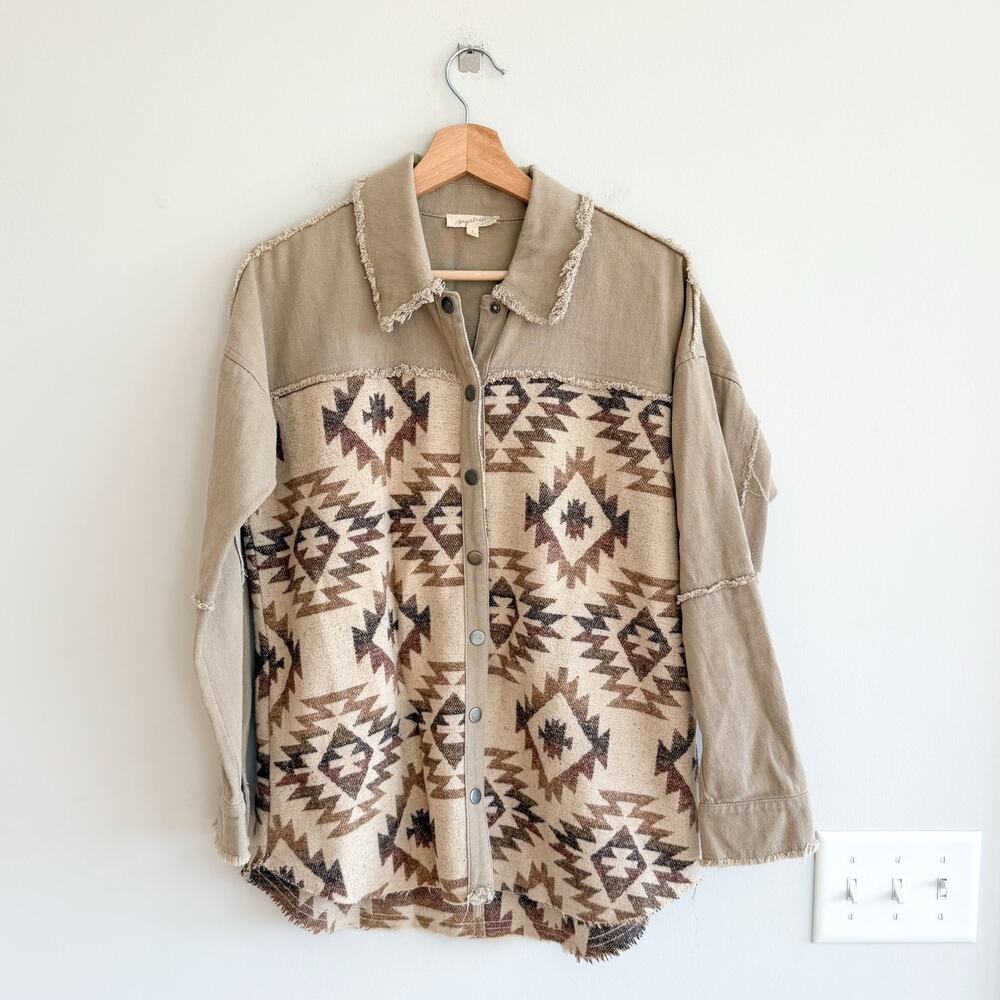 Mystree Aztec Print Button Down Long Sleeve Shacket Tan Brown S